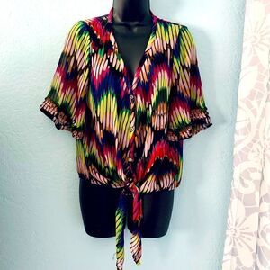 Democracy Multicolored Print Tie Waist V-Neck Boho Blouse Size Medium